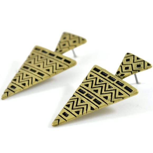 Large Oversized Gold Earrings Aztec Double Triangle Southwestern Fashion Jewelry - Picture 2 of 5